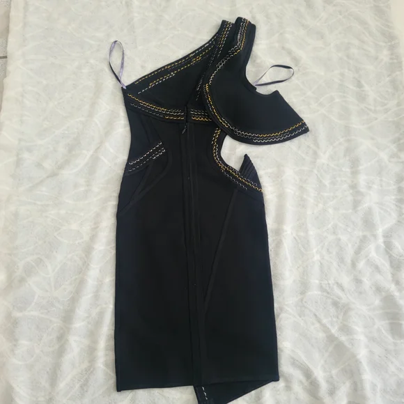 Herve Leger Black One-Shoulder Cutout Dress with Gold Trim - Picture 9 of 10